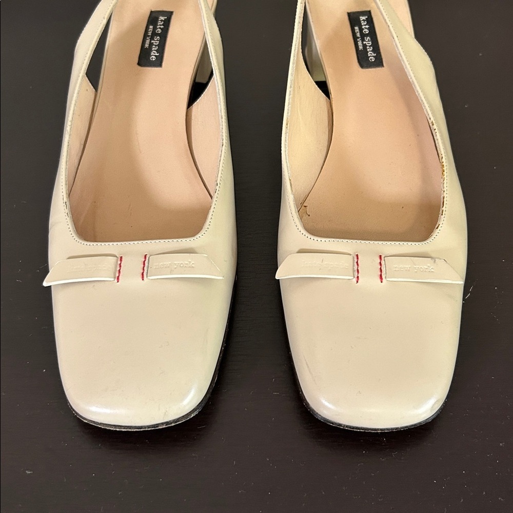 Kate Spade Slingback Heel Tan Bow Square Toe Logo Leather Made in Italy Sz 8 - Picture 2 of 10